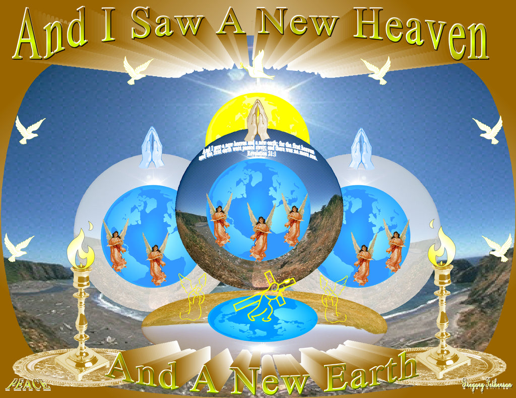 And I Saw A New Heaven And A New Earth inspirational art print featuring praying hands, angels, doves, and glowing globes