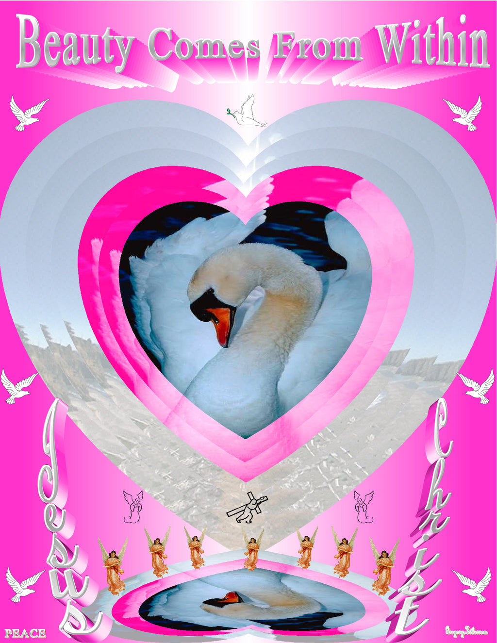 Beauty Comes From Within inspirational art print featuring a swan in a glowing heart, doves, and angels