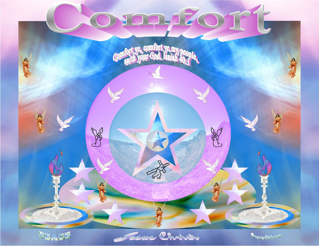Comfort inspirational art print featuring angels, doves, stars, and the words of Isaiah 40:1