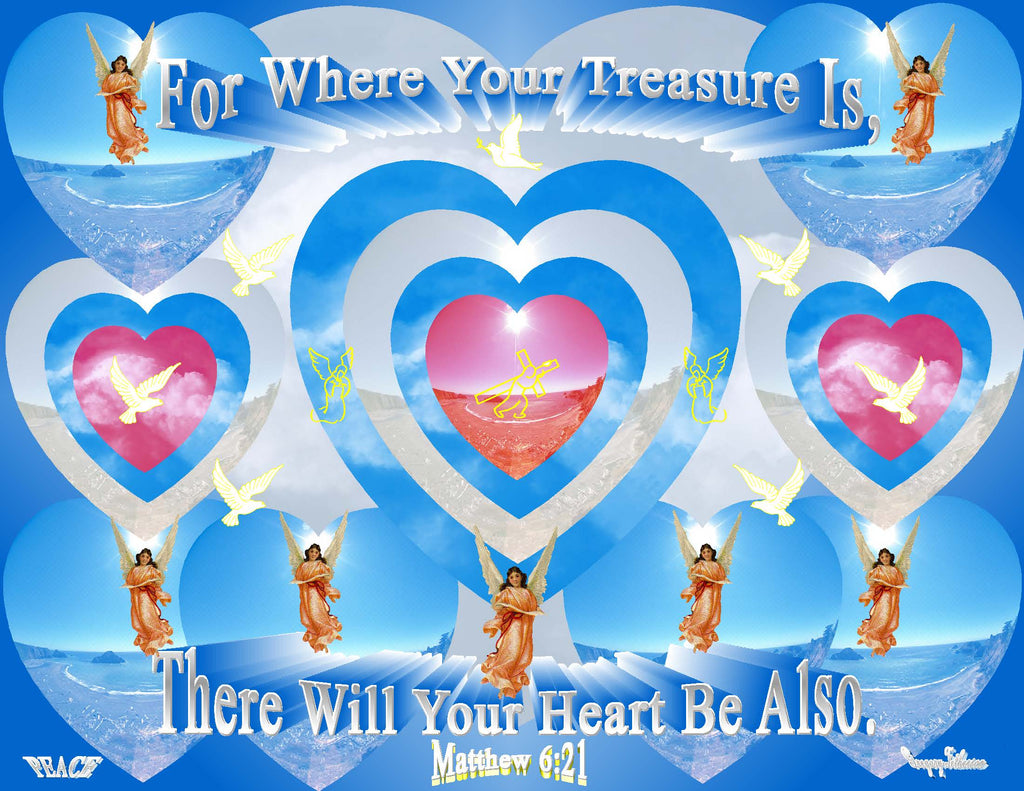 For Where Your Treasure Is inspirational art print featuring cascading hearts, doves, and angels in a heavenly blue sky