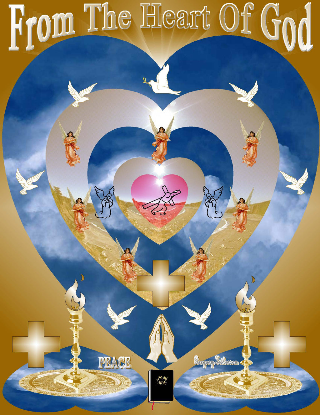From The Heart Of God inspirational art print featuring cascading blue hearts, Jesus carrying the cross, angels, doves, and the Holy Bible