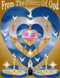 From The Heart Of God inspirational art print featuring cascading blue hearts, Jesus carrying the cross, angels, doves, and the Holy Bible