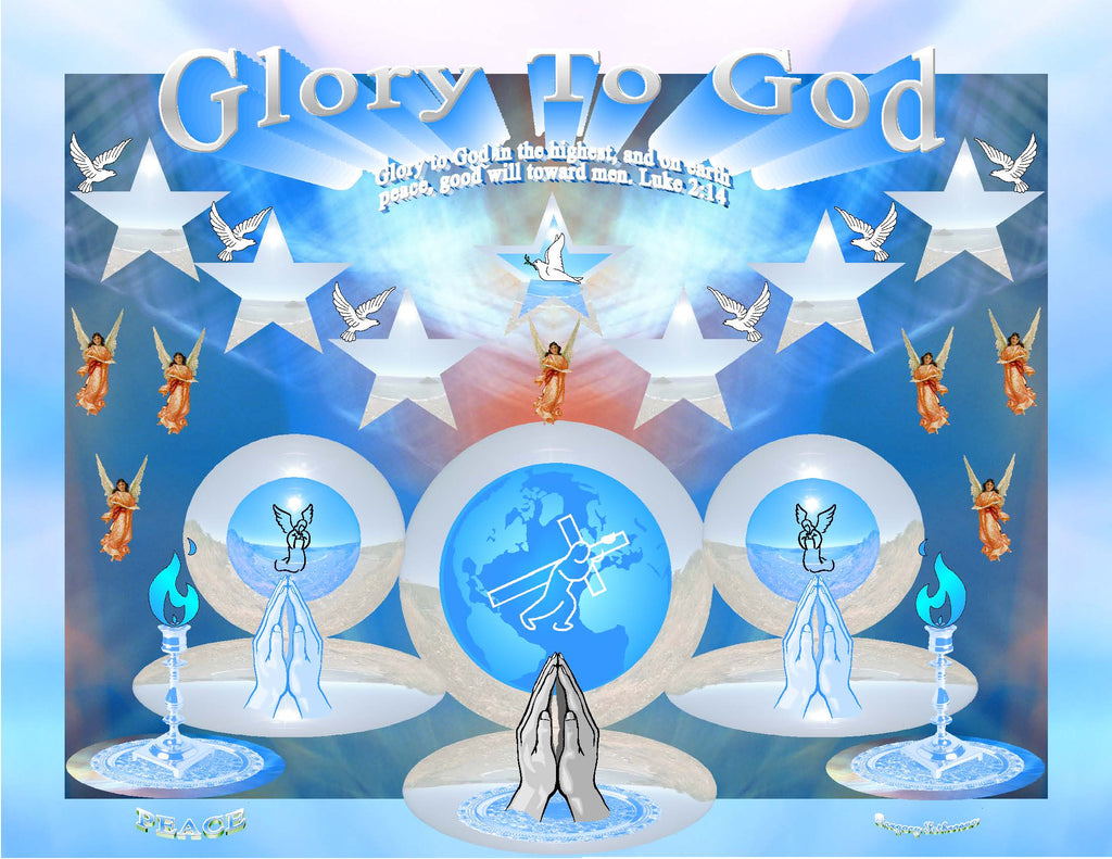 Glory To God inspirational art print featuring white stars, angels, doves, praying hands, and Jesus carrying the cross on the globe