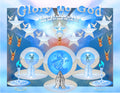 Glory To God inspirational art print featuring white stars, angels, doves, praying hands, and Jesus carrying the cross on the globe