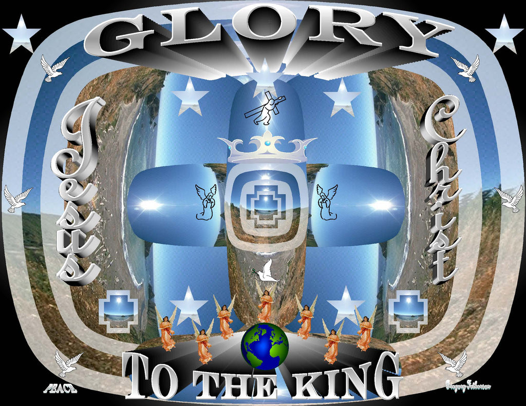 Glory To The King Jesus Christ inspirational art print featuring a silver crown, blue cross, Jesus, stars, angels, and doves