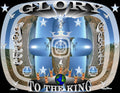Glory To The King Jesus Christ inspirational art print featuring a silver crown, blue cross, Jesus, stars, angels, and doves