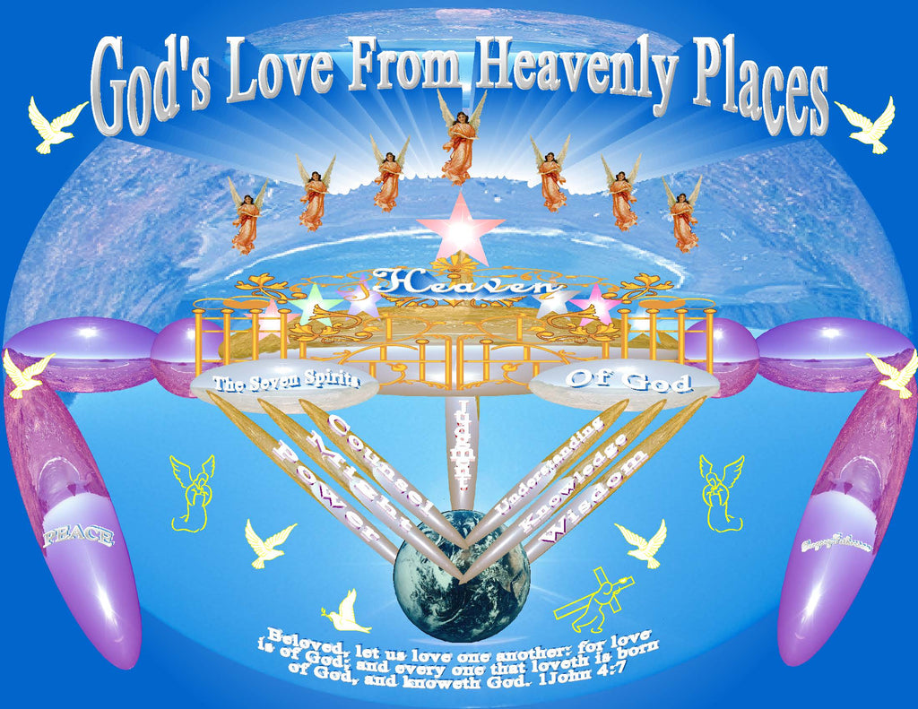 God's Love From Heavenly Places inspirational art print featuring glowing hearts, angels, doves, and the light of Christ from heaven