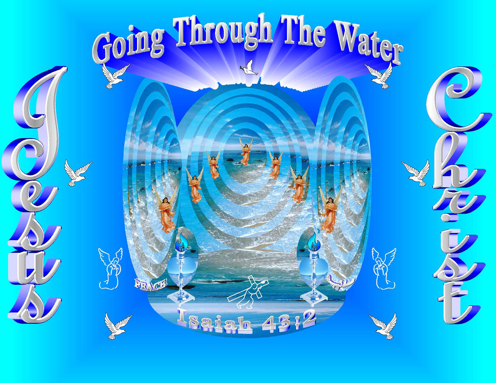 Going Through The Water inspirational art print featuring angels walking through parting waters, doves, and the cross of Christ