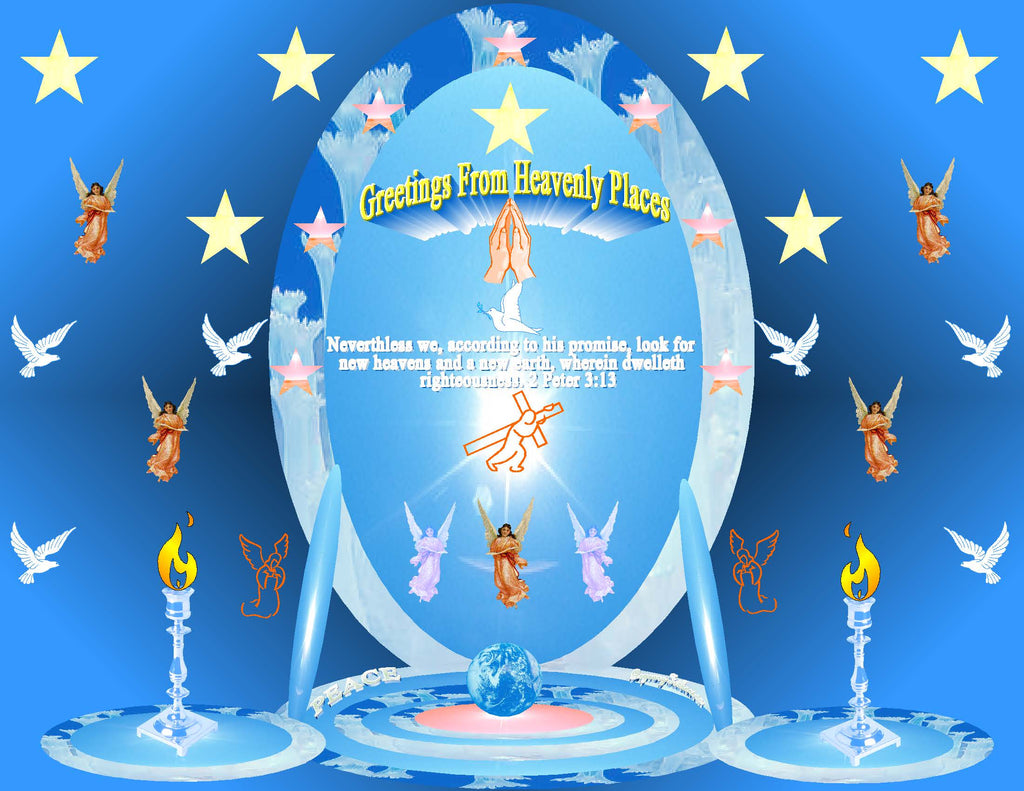 Greetings From Heavenly Places inspirational art print featuring praying hands, a dove, golden stars, angels, and Jesus carrying the cross