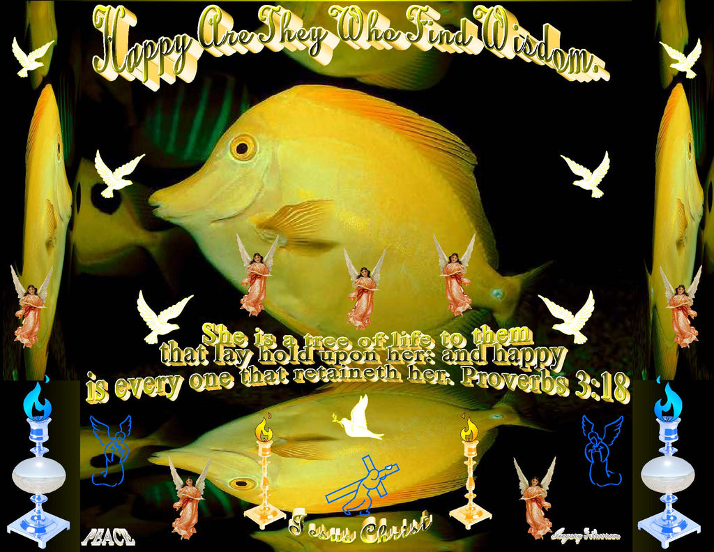 Happy Are They Who Find Wisdom inspirational art print featuring a golden yellow fish, angels, doves, and the cross of Jesus Christ