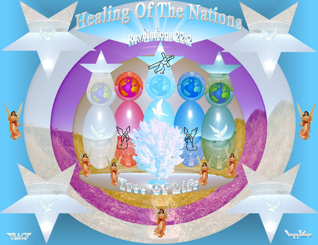 Healing Of The Nations Tree Of Life inspirational art print featuring colorful globes, the Tree of Life, angels, doves, and Jesus carrying the cross