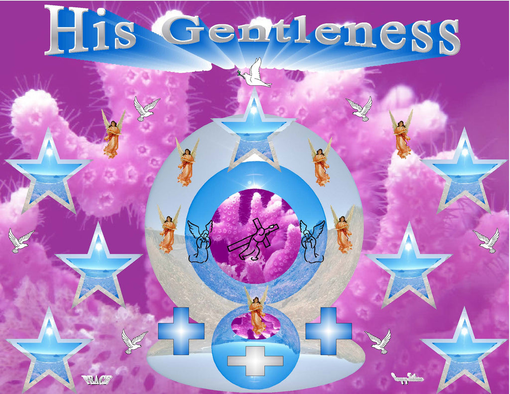 His Gentleness inspirational art print featuring angels, doves, and the gentle radiant presence of Christ