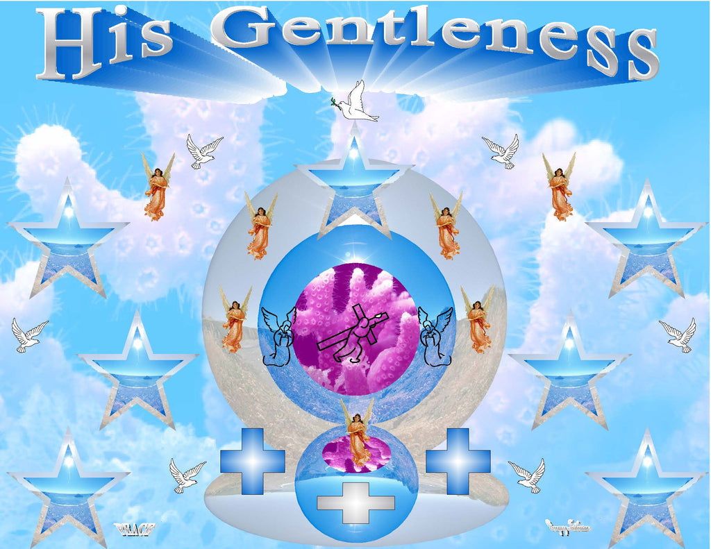 His Gentleness Version 2 inspirational art print featuring angels, doves, and the gentle luminous presence of Christ