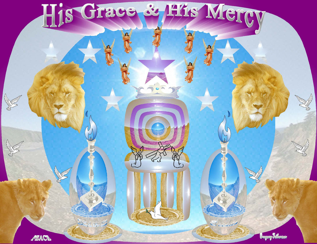 His Grace and Mercy inspirational art print featuring angels, doves, and the glowing presence of Jesus Christ