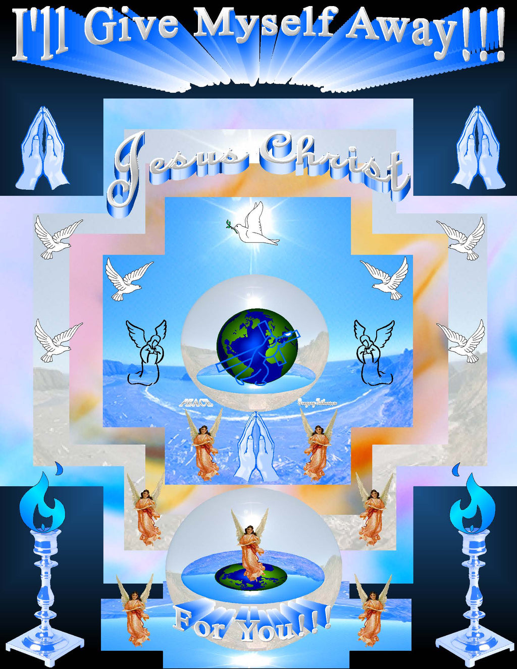 I'll Give Myself Away Christian art print featuring globe, praying hands, angels and blue flames on blue background