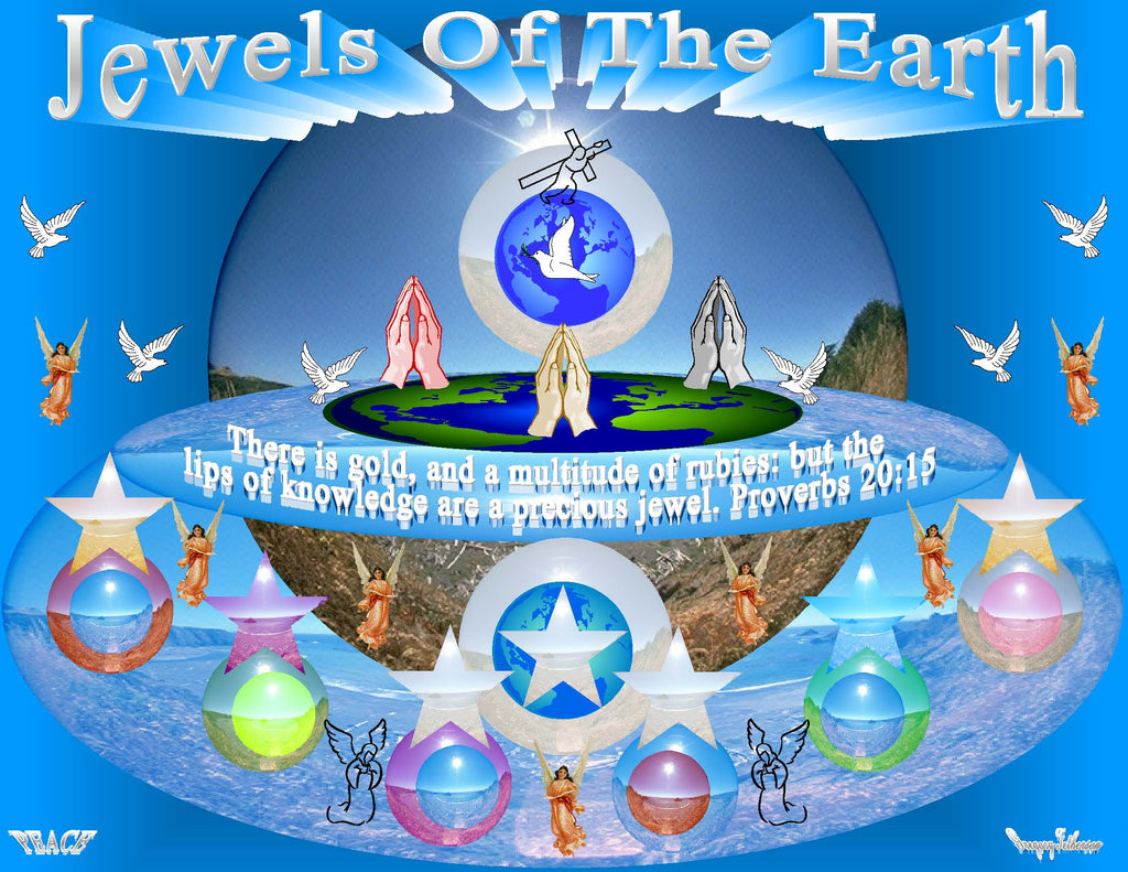 Jewels of the Earth Christian art print featuring globe, colorful gemstone orbs, angels and stars on blue background