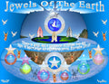 Jewels of the Earth Christian art print featuring globe, colorful gemstone orbs, angels and stars on blue background