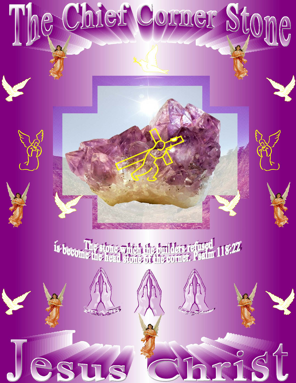 The Chief Corner Stone Christian art print featuring amethyst crystal, cross, angels and doves on purple background