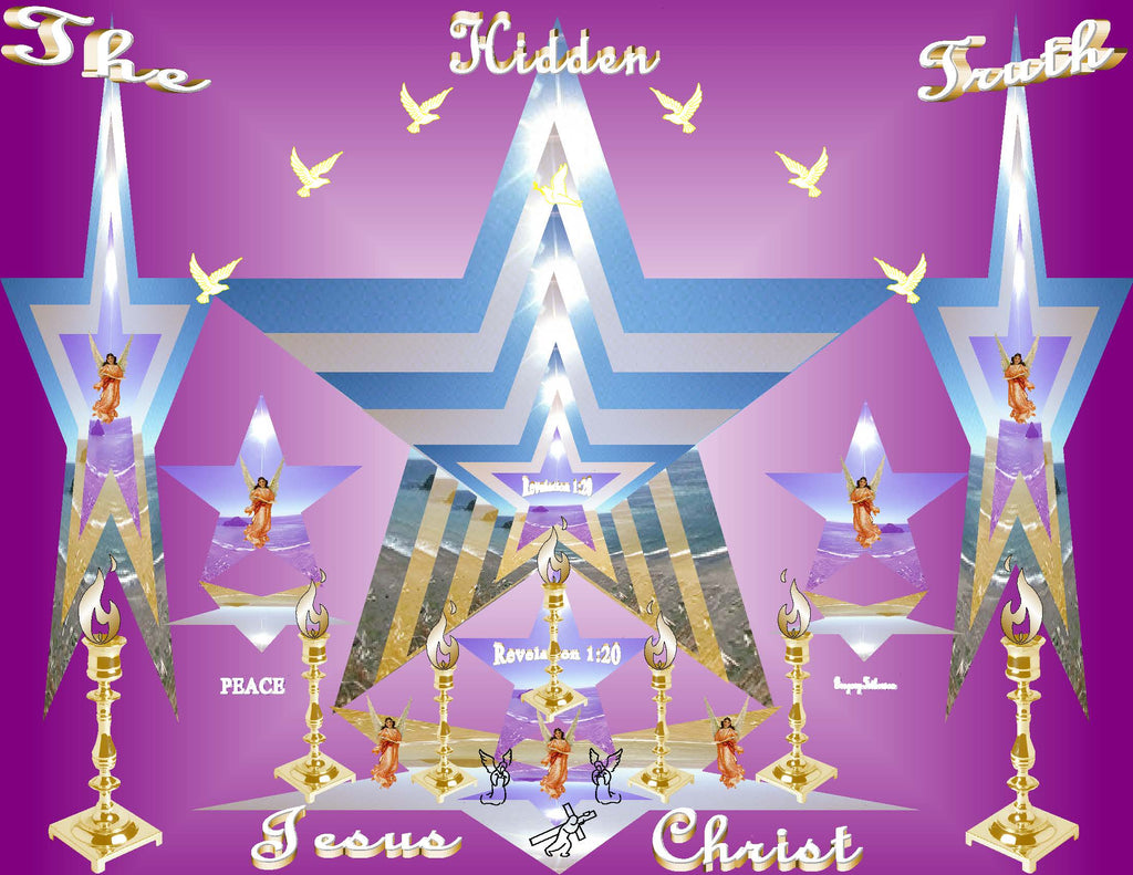 The Hidden Truth Christian art print featuring stars, golden candlesticks and angels on purple background