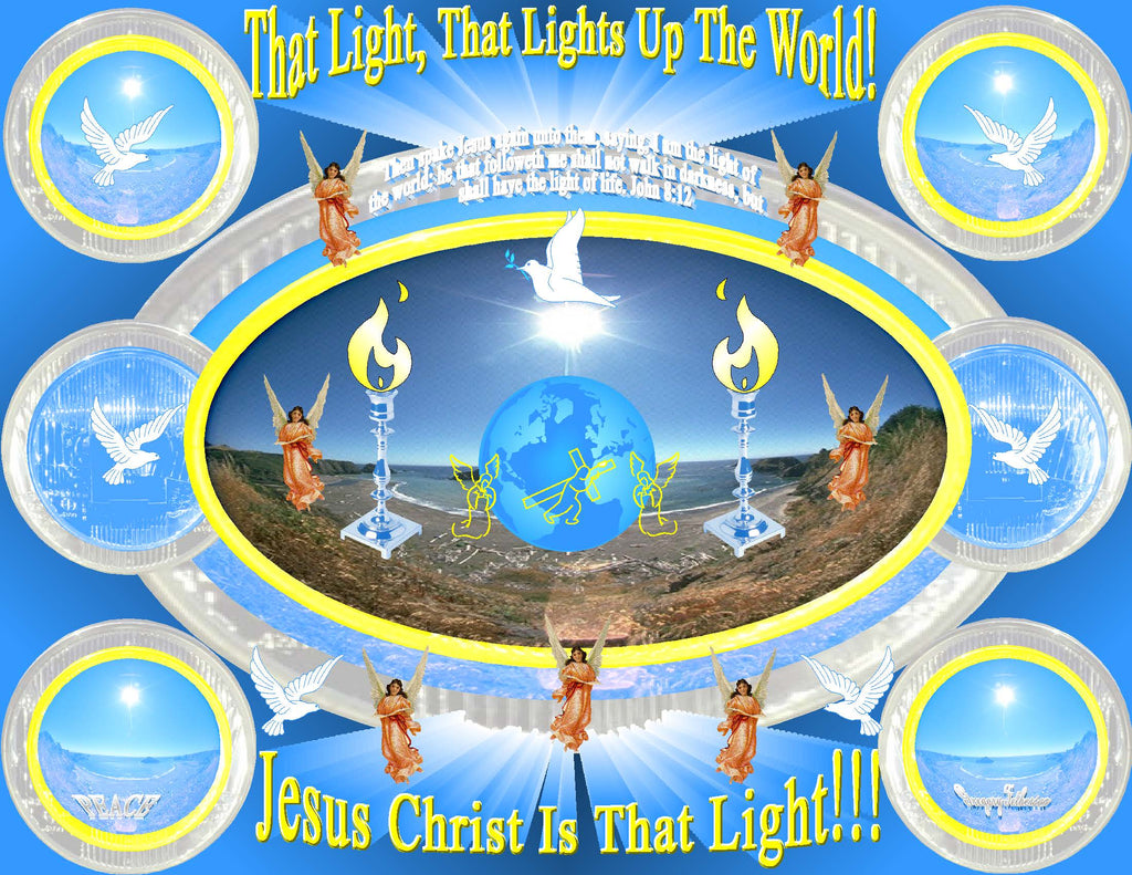 The Light That Lights Up The World Christian art print featuring glowing cross, angels and divine light