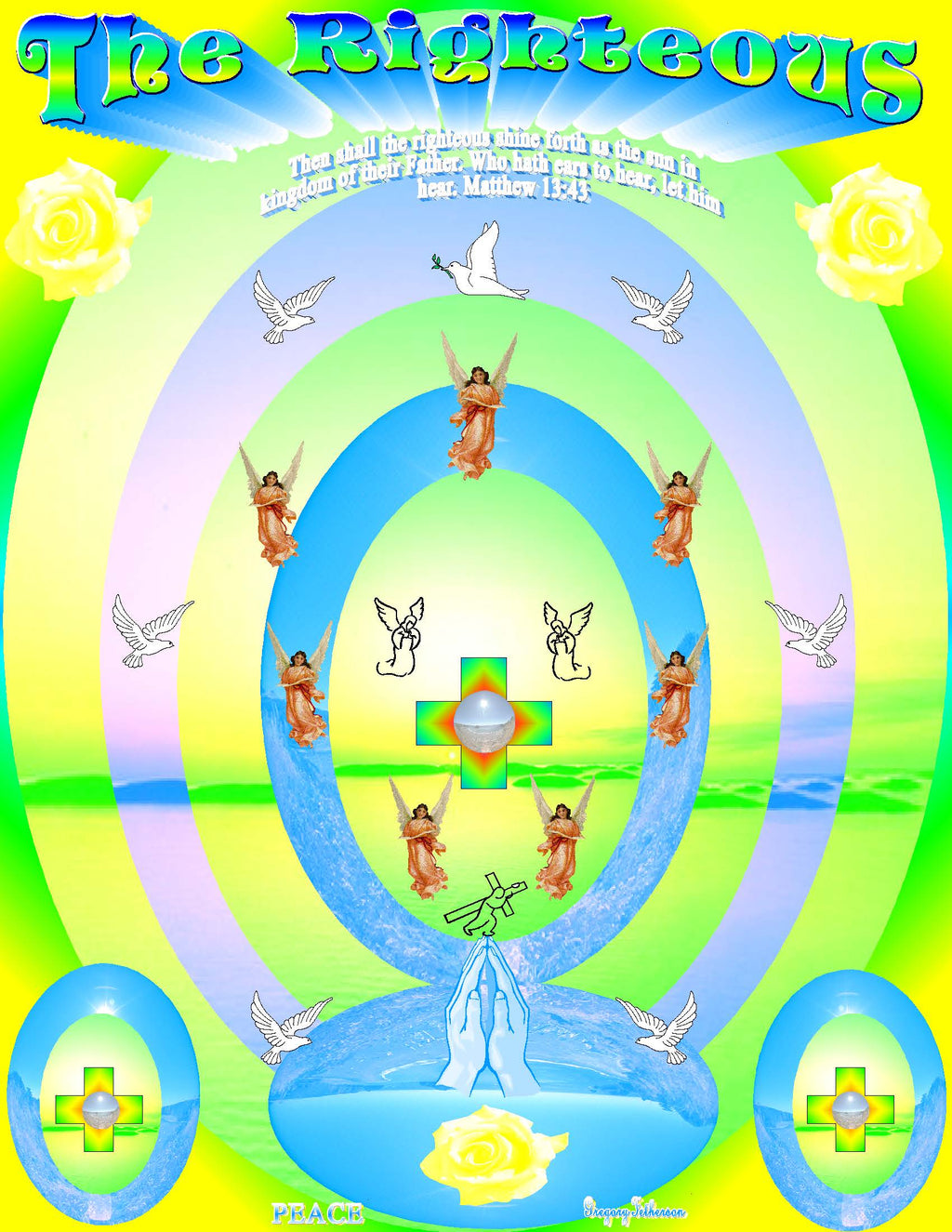 The Righteous Christian art print featuring angels, doves, praying hands and glowing cross on green and yellow background