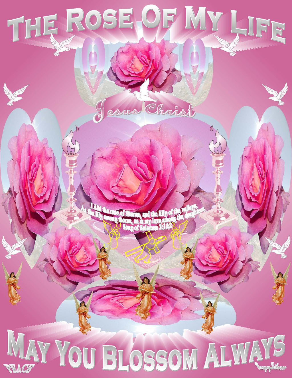 The Rose of My Life Christian art print featuring pink roses, angels, doves and golden candlesticks on pink background