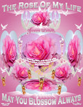 The Rose of My Life Christian art print featuring pink roses, angels, doves and golden candlesticks on pink background