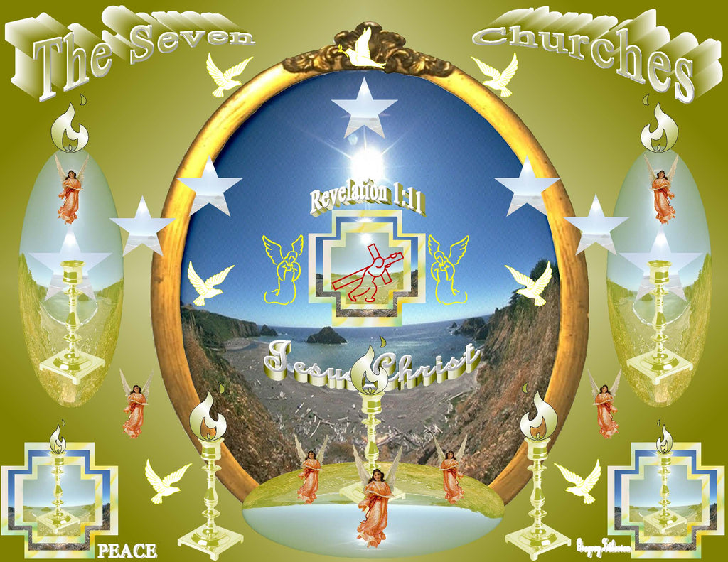 The Seven Churches Christian art print featuring seven stars, golden candlesticks, angels and cross on olive-gold background