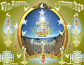The Seven Churches Christian art print featuring seven stars, golden candlesticks, angels and cross on olive-gold background