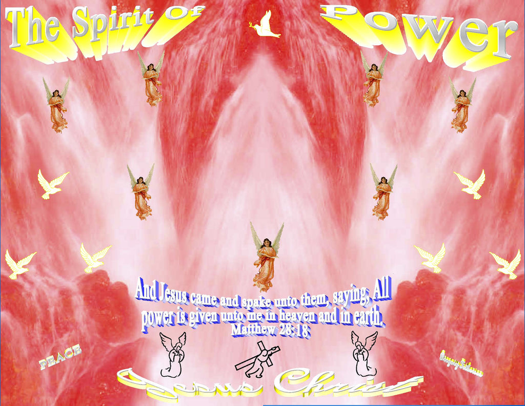 The Spirit of Power Christian art print featuring angels, doves and Jesus Christ name on fiery red background