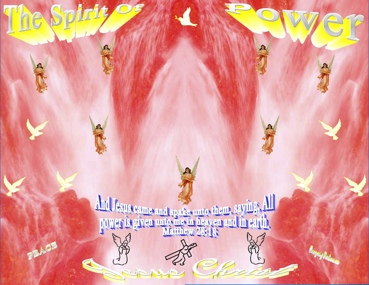 The Spirit of Power Christian art print featuring angels, doves and Jesus Christ name on fiery red background