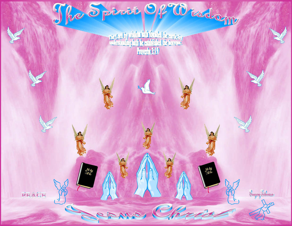 The Spirit of Wisdom Christian art print featuring angels, doves, praying hands and Holy Bibles on pink and lavender background
