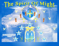 The Spirit of Might Christian art print featuring globe with golden cross, angels, doves and blue stars on blue background