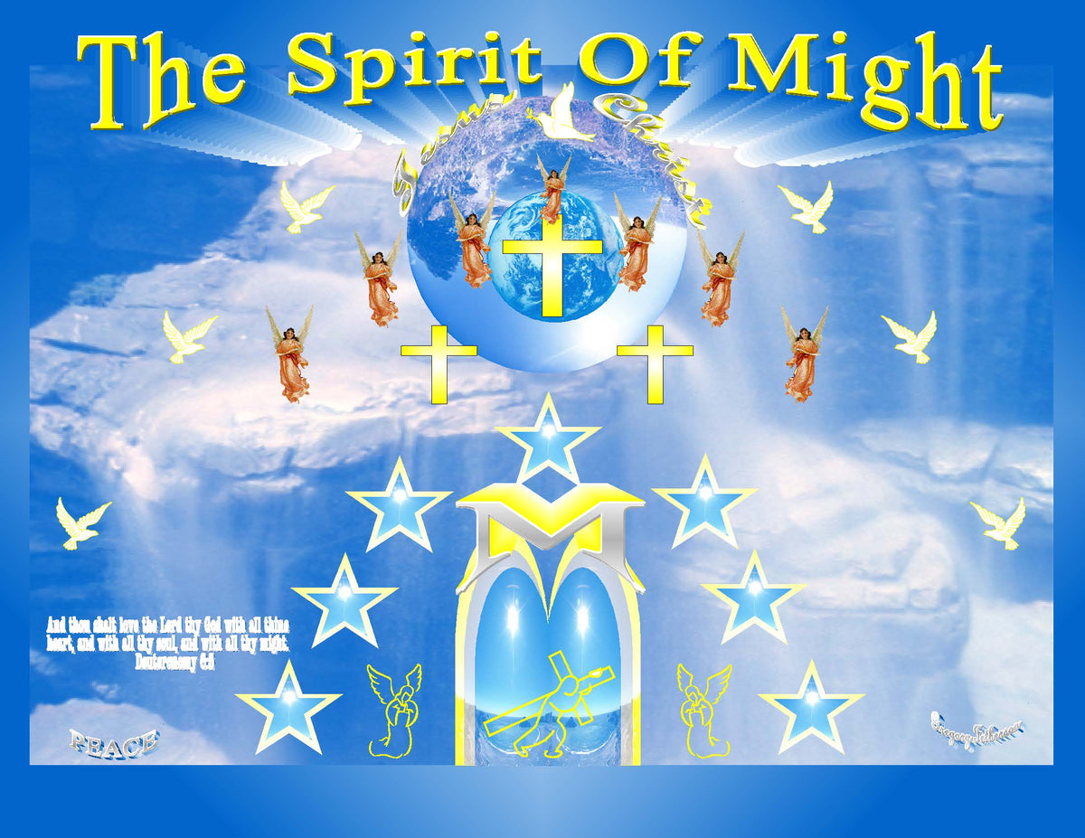 The Spirit of Might Christian art print featuring globe with golden cross, angels, doves and blue stars on blue background
