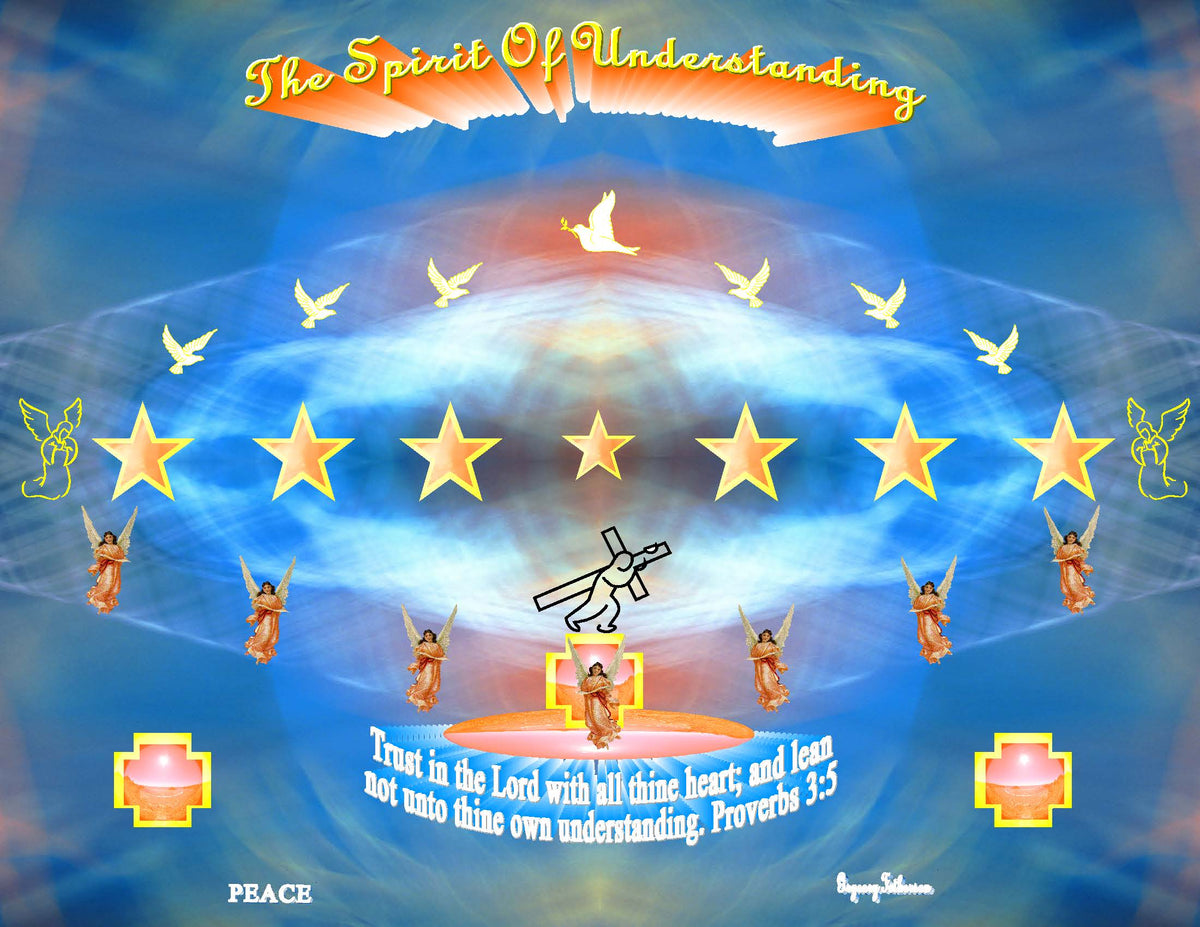 The Spirit of Understanding Blue Edition Christian art print featuring golden stars, angels, doves and crosses on blue and gold background