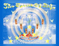 The Spirit of Life Christian art print featuring concentric rings, seven angels, doves and golden stars on blue background
