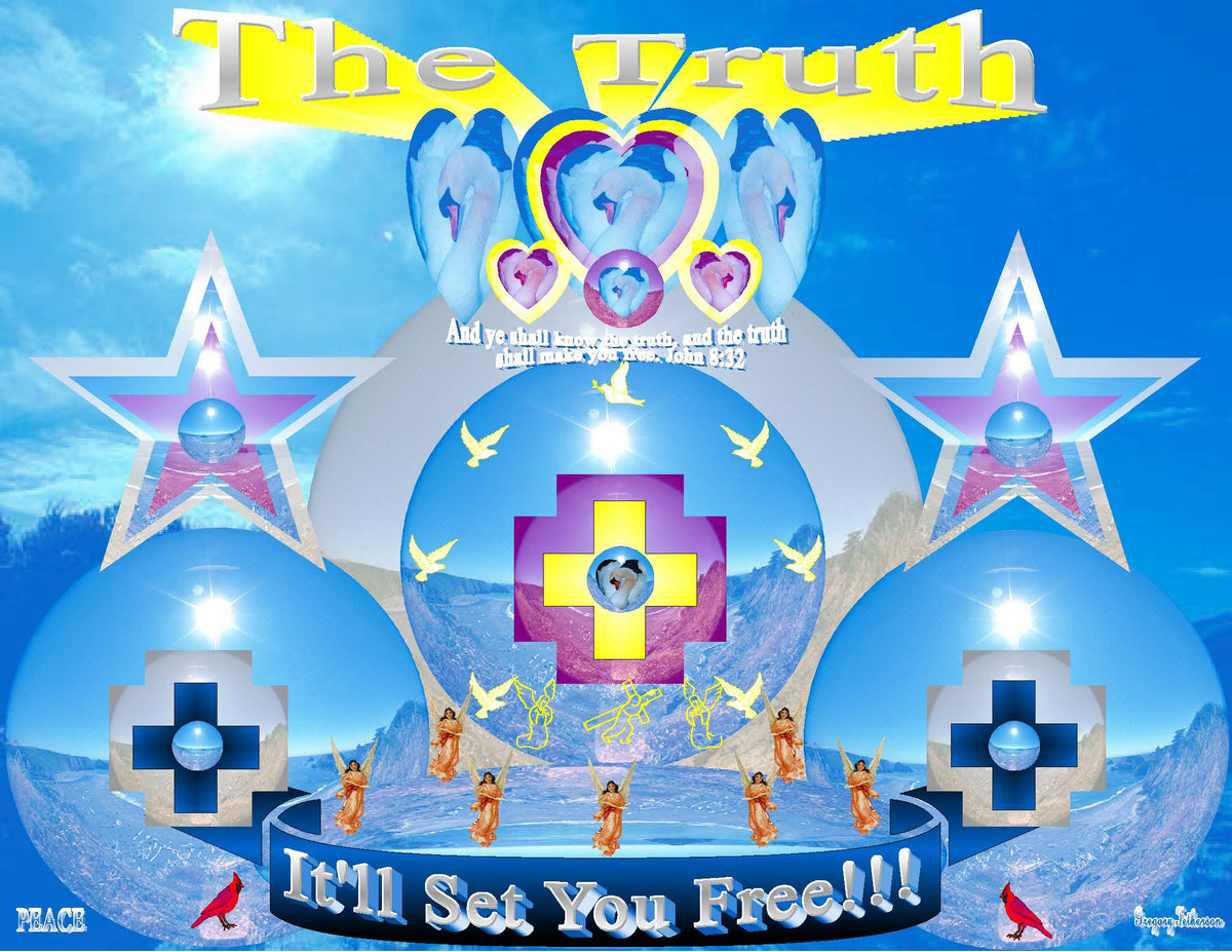 The Truth It'll Set You Free Christian art print featuring glowing cross, doves, angels and stars on blue background