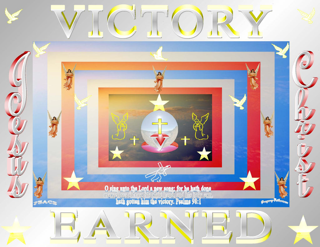 Victory Earned Christian art print featuring glowing cross, angels, doves and stars on red white and blue background