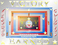 Victory Earned Christian art print featuring glowing cross, angels, doves and stars on red white and blue background